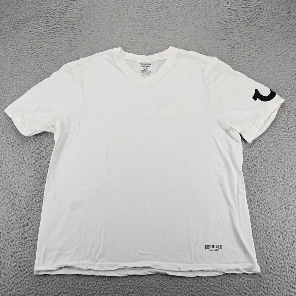 True Religion Shirt Mens XL White V-Neck Short Sleeve‎ Logo